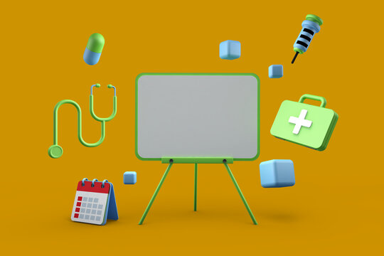 Medical presentation with items such as a stethoscope medicine and a syringe ,3d illustration