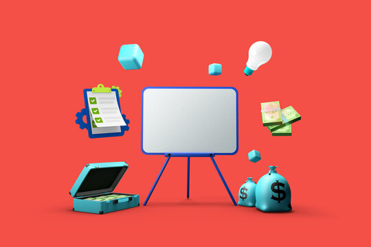 presentation of economics with items such as money bags with money ideas and a check List,3d illustration