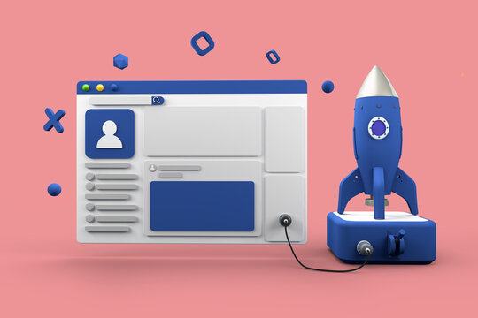 social page innovation connected to a rocket ship 3d illustration