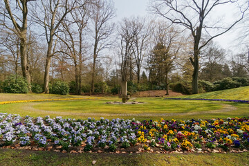 Feuerwehrgräber auf dem Ohlsdorfer Friedhof. Blumenbeete mit Stiefmütterchen (Viola wittrockiana)