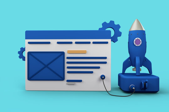 web page connected to a rocket about to take off  3d illustration