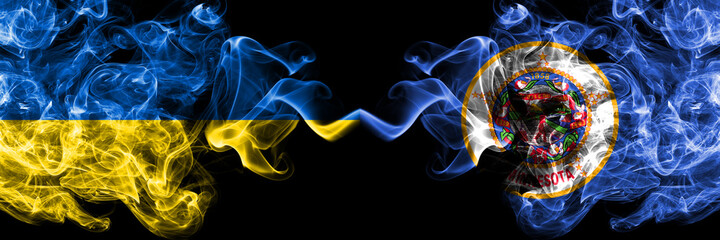 Ukraine, Ukrainian vs United States of America, America, US, USA, American, Minnesota smoky mystic flags placed side by side. Thick colored silky abstract smokes flags.
