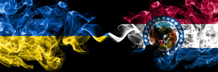 Ukraine, Ukrainian vs United States of America, America, US, USA, American, Missouri smoky mystic flags placed side by side. Thick colored silky abstract smokes flags.