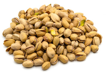 A set of salted and roasted pistachio seeds on a white background. Perfect shot for vegan diet, wellness and healthy eating.