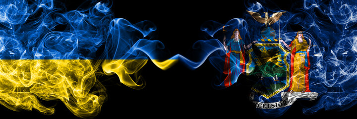Ukraine, Ukrainian vs United States of America, America, US, USA, American, New York  smoky mystic flags placed side by side. Thick colored silky abstract smokes flags.