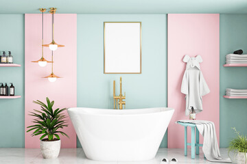 Frame mockup kids bathroom girl, 3d render 
