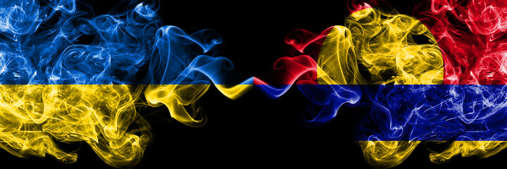 Ukraine, Ukrainian vs United States of America, America, US, USA, American, Palmyra Atoll smoky mystic flags placed side by side. Thick colored silky abstract smokes flags.