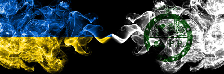 Ukraine, Ukrainian vs United States of America, America, US, USA, American, Pee Pee Township, Ohio smoky mystic flags placed side by side. Thick colored silky abstract smokes flags.