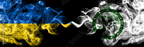 Ukraine, Ukrainian vs United States of America, America, US, USA, American, Pee Pee Township, Ohio smoky mystic flags placed side by side. Thick colored silky abstract smokes flags.