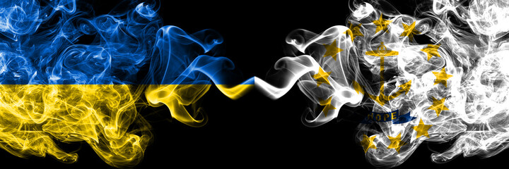 Ukraine, Ukrainian vs United States of America, America, US, USA, American, Rhode Island smoky mystic flags placed side by side. Thick colored silky abstract smokes flags.