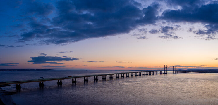 Severn Bridge crossing from England to Wales, at sunset. The bridge is also called the Prince of Wales Bridge