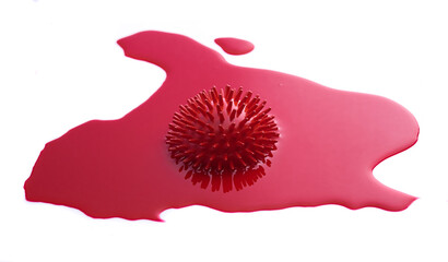 Puddle of blood with abstract virus strain model of COVID-19 isolated on white background,2019-nCov novel coronavirus concept