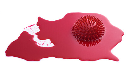 Puddle of blood with abstract virus strain model of COVID-19 isolated on white background,2019-nCov novel coronavirus concept