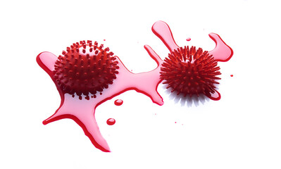 Puddle of blood with abstract virus strain model of COVID-19 isolated on white background,2019-nCov novel coronavirus concept