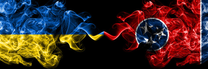 Ukraine, Ukrainian vs United States of America, America, US, USA, American, Tennessee smoky mystic flags placed side by side. Thick colored silky abstract smokes flags.