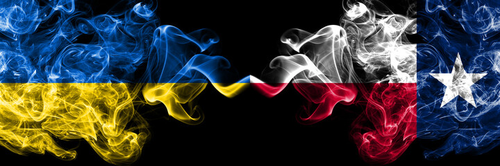 Ukraine, Ukrainian vs United States of America, America, US, USA, American, Texas smoky mystic flags placed side by side. Thick colored silky abstract smokes flags.