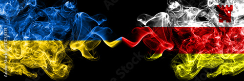 Ukraine, Ukrainian vs United States of America, America, US, USA, American, Santa Barbara, California smoky mystic flags placed side by side. Thick colored silky abstract smokes flags.