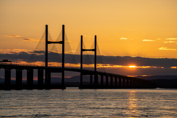 Fototapeta na wymiar Severn Bridge crossing from England to Wales, at sunset. The bridge is also called the Prince of Wales Bridge
