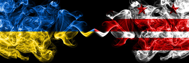 Ukraine, Ukrainian vs United States of America, America, US, USA, American, Washington D.C smoky mystic flags placed side by side. Thick colored silky abstract smokes flags.