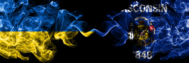 Ukraine, Ukrainian vs United States of America, America, US, USA, American, Wisconsin smoky mystic flags placed side by side. Thick colored silky abstract smokes flags.