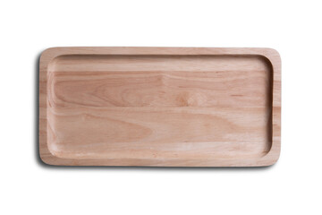 Empty flat wooden tray isolated white, top view.