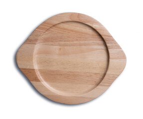Empty flat wooden tray isolated white, top view.