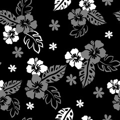 Abstract vintage seamless grey and white flowers pattern on black background