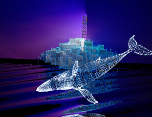 Whale flying near city on water - obrazy, fototapety, plakaty