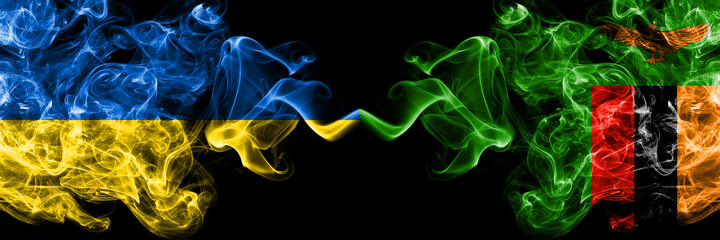 Ukraine, Ukrainian vs Zambia, Zambian smoky mystic flags placed side by side. Thick colored silky abstract smokes flags.