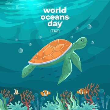 World oceans day 8 June. Save our ocean. Sea turtle and fish were swimming underwater with beautiful coral and seaweed background vector illustration. 