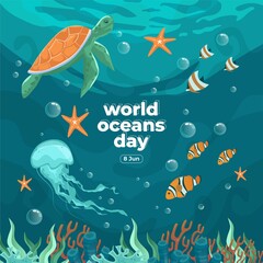 World oceans day 8 June. Save our ocean. Sea turtle, jellyfish and fish were swimming underwater with beautiful coral and seaweed background vector illustration. 