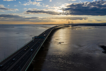 Severn Bridge crossing from England to Wales, at sunset. The bridge is also called the Prince of Wales Bridge