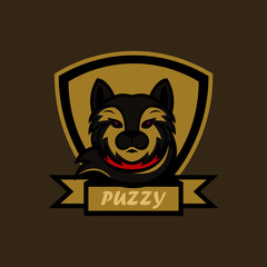 Cat head mascot logo in shield and flag.