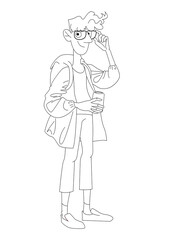 Fototapeta na wymiar Teenager with glasses. Contour vector cartoon illustration