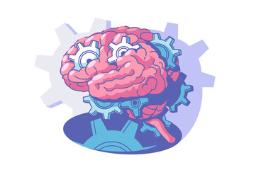 Process of brain activity vector illustration. Explore human mind flat style. Inside persons head. Thinking process and brainstorm concept. Isolated on white background