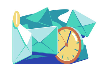 Mail timing and marketing vector illustration. Email overload reduce efficiency and productivity in work flat style. Deadline, correspondence, time management concept. Isolated on white background