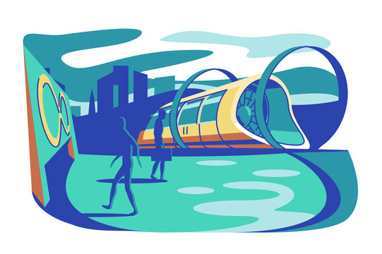 High speed futuristic train vector illustration. Hyperloop, future express transport with passengers trendy design idea. Transportation technologies concept