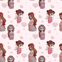 Seamless patterns with pregnant women. Happy pregnant brunette girls with hairstyle and long hair in pink dresses on a white background with pink hearts. Watercolor