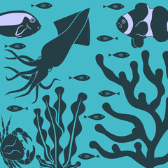 Coral Reef with fish on a blue sea background. Vector illustration