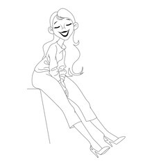 Cartoon character. The girl is sitting on a chair. Contour vector illustration