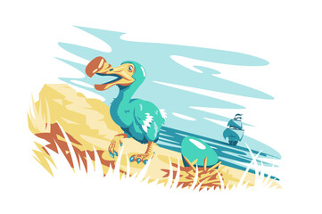 Cute dodo bird with egg vector illustration. Golden coastline and ocean view with ship flat style. Wild animal and nature landscape concept. Isolated on white background © Kit8 d.o.o.