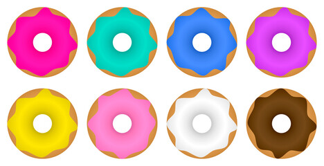 Donuts with colorful glaze and shadows. Vector hand drawn illustration set