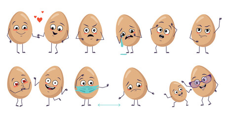 Set of cute egg characters with emotions, face, arms and legs. Happy Easter decoration. Smiling or sad food heroes, falling in love, masked distance, dancing or crying