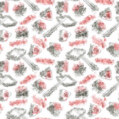 Watercolor pattern of contour drawings of Japanese food sushi and rolls in red and black on a white background