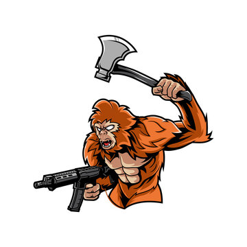 illustration of a yeti warrior with an axe and firearm.