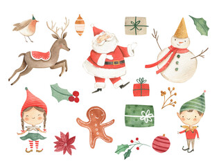 Watercolor Christmas illustration for kids with  Santa Claus, Gingerbread, sled , reindeer , gifts and snowmen