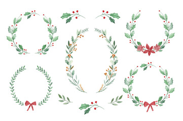 Watercolor floral Christmas wreath templates with winter flowers and foliage 