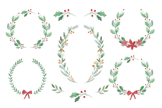 Watercolor Floral Christmas Wreath Templates With Winter Flowers And Foliage 