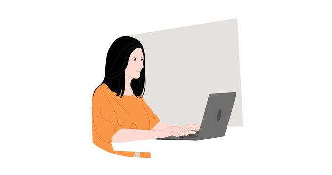 Girl saw bad new in laptop. Animation of vector illustration. Cartoon flat design modern style