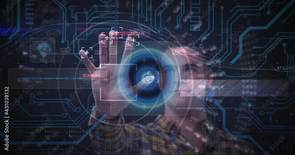 Poster animation of man touching screen with scope scanning and processor connections